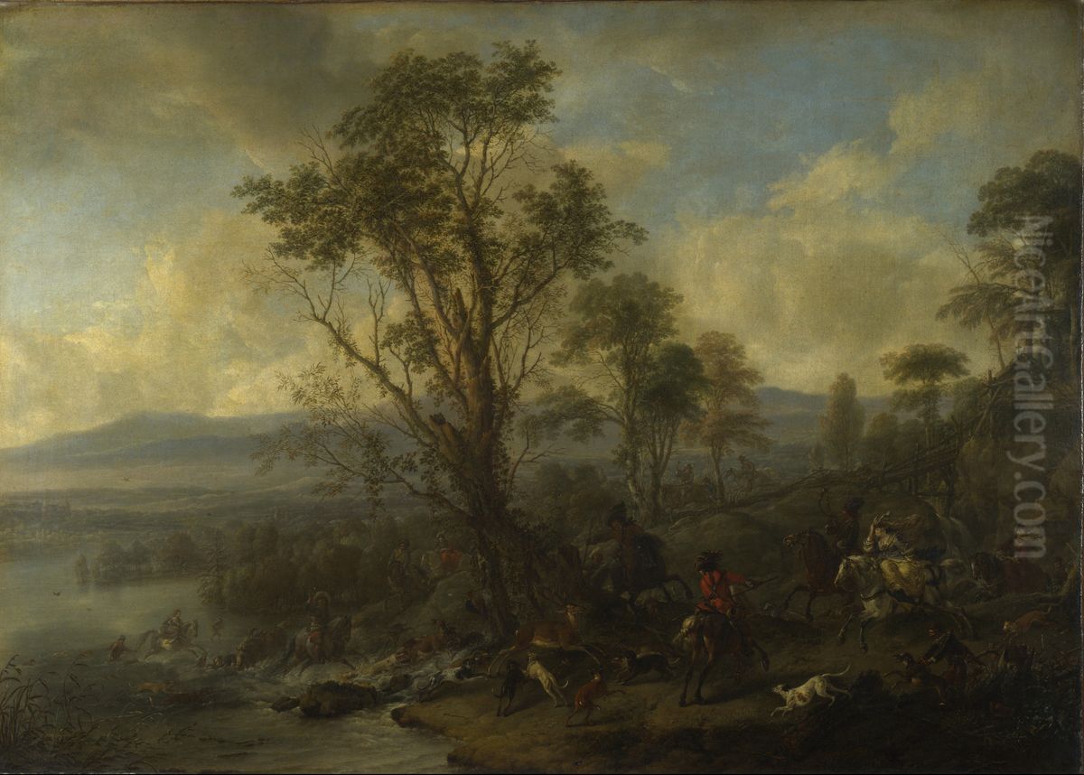 A stag hunt Oil Painting by Philips Wouwerman