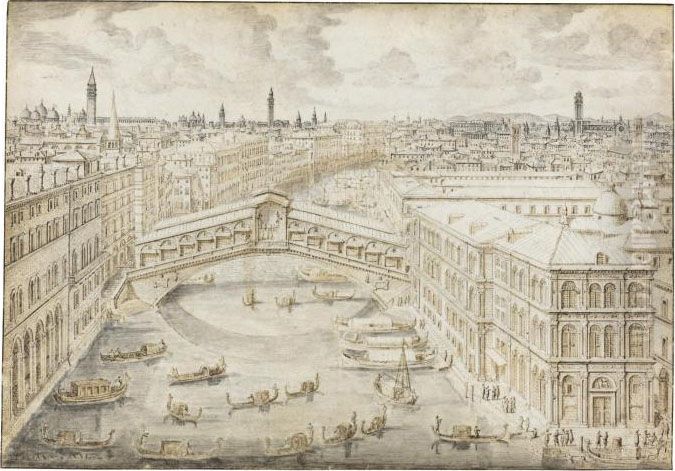 A View Of The Grand Canal And 
The Rialto Bridge, Venice, With Many Small Boats In The Foreground Oil Painting by Lieven Cruyl