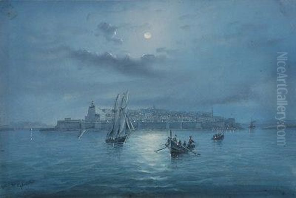 Moonlight Over Valletta Harbour. Oil Painting by Vincenzo D Esposito