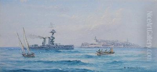 War Ship Passing Valletta. Oil Painting by Vincenzo D Esposito