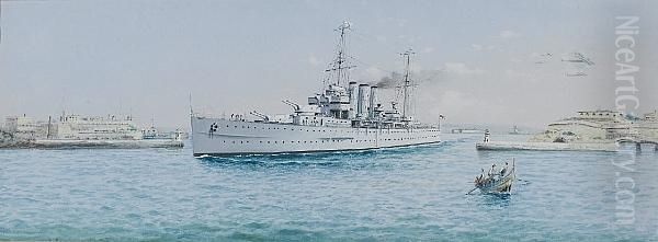 County Class Cruiser Leaving The
 Grand Harbour, Valletta; View Of Fort Saint Elmo, Valletta, A Pair Oil Painting by Vincenzo D Esposito