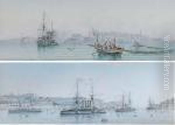 A Squadron Of Cruisers Lying In 
Grand Harbour, Valetta; And Acruiser Departing From Malta Oil Painting by Vincenzo D Esposito