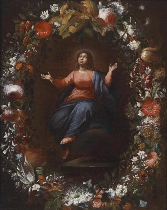 The Assumption Of The Virgin Enclosed By A Wreath Of Flowers Oil Painting by Andries Daniels or Danielsz