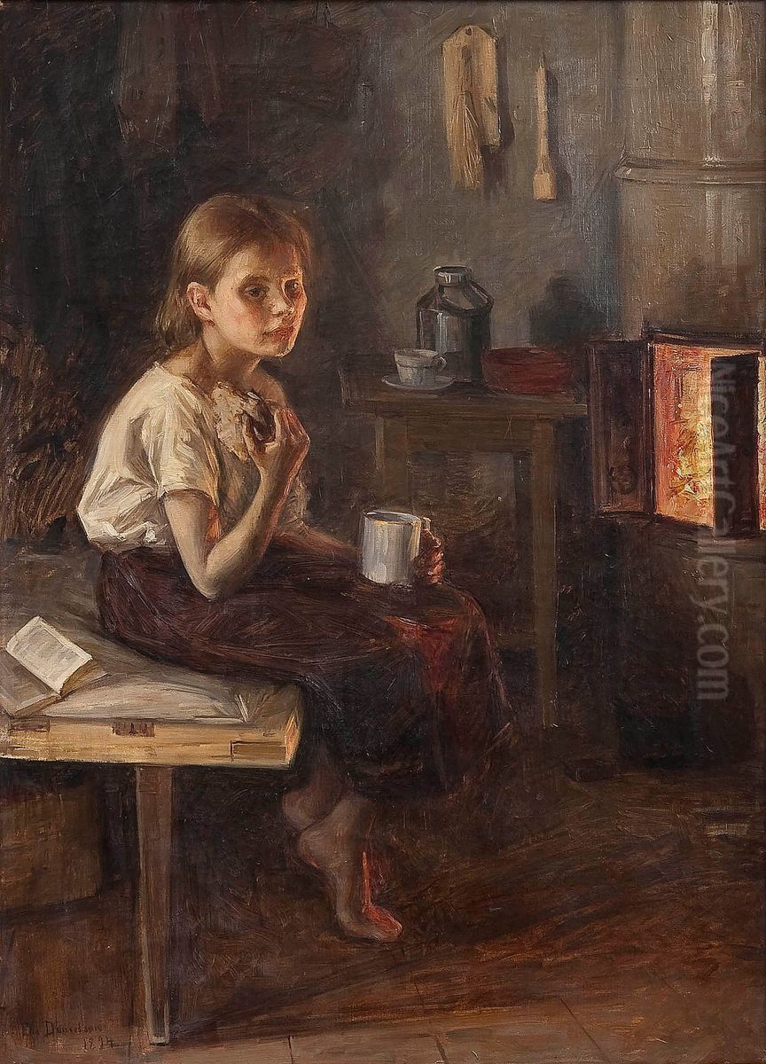 A Girl By The Oven Oil Painting by Elin Danielson-Gambogi