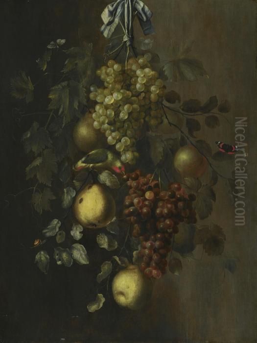 A Festoon Of Grapes, Apples And 
Pears Hanging From A Nail, With Snails, Butterflies And A Parrot Oil Painting by Gillis Gillisz. de Bergh