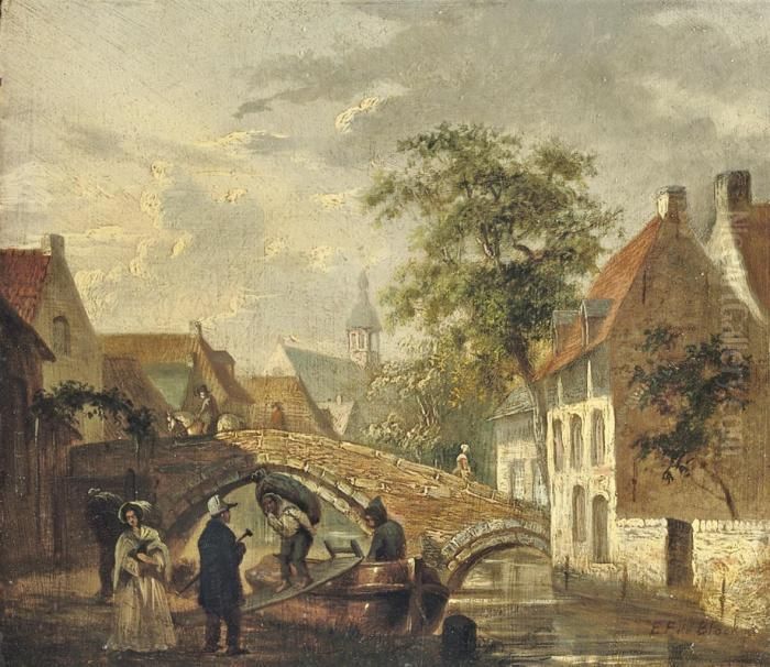 Townview With Figures On A Bridge Oil Painting by Eugene Francois De Block