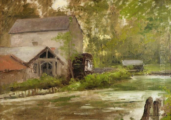 Moulin Sur La Riviere. Oil Painting by Cesar De Cock