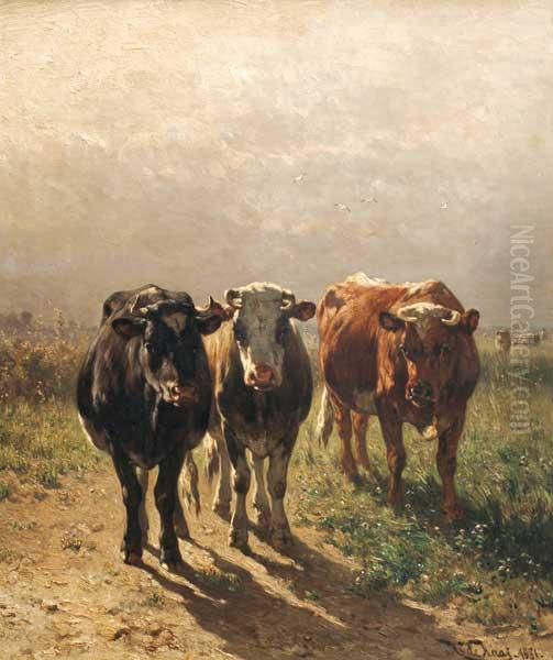 Cows In Pasture
 Oleo Sobre Tabla Oil Painting by Johannes-Hubertus-Leonardus de Haas