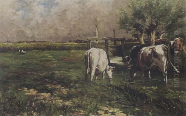 Cows In A Landscape Oil Painting by Johannes-Hubertus-Leonardus de Haas