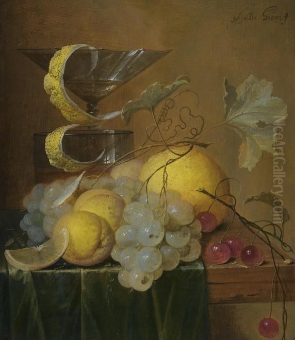 Still Life With A Wine Glass, 
Lemon Peel, Peaches, Grapes And Cherries On The Corner Of A Partly 
Draped Wooden Table Oil Painting by Jan Davidsz De Heem