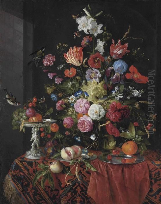 Flowers In A Glass Vase Oil Painting by Jan Davidsz De Heem
