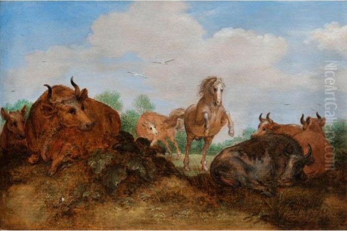 Springender Hengst Zwischen Liegenden Kuhen Auf Einer Weide Oil Painting by Gillis Claesz De Hondecoeter