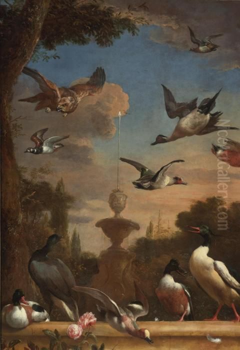 A Classical Garden Landscape 
With A Mallard, A Golden Eagle And Other Wild Fowl In Flight Oil Painting by Melchior de Hondecoeter