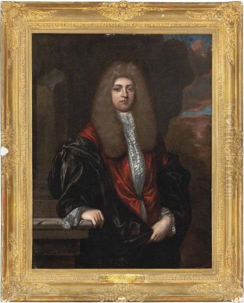 Portrait Of A Gentleman, 
Three-quarter-length, In A Red Coat And Black Robe, In A Landscape Oil Painting by Regnier de La Haye