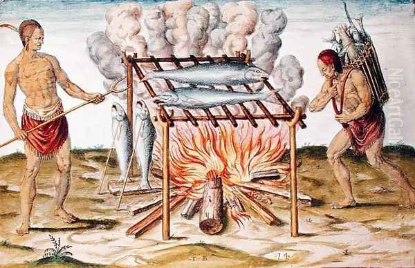 Cooking Fish, from Admiranda Narratio..., engraved by Theodore de Bry (1528-98) 1585-88 Oil Painting by John White
