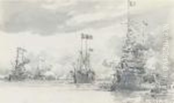 The Royal Yacht Reviewing The French Fleet Off Cowes During Its Visit In August 1905 Oil Painting by Eduardo de Martino