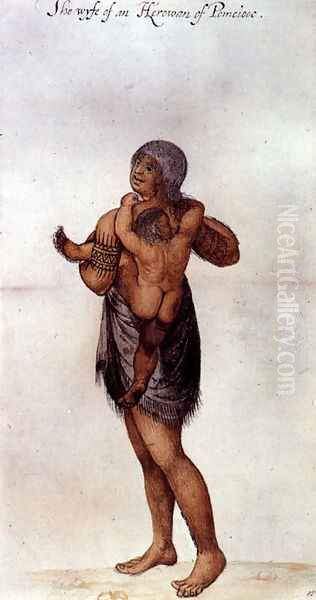 Indian Woman and Baby of Pomeiooc Oil Painting by John White