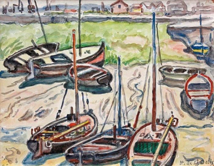 Barques A Maree Basse Dans Le Port De Honfleur Oil Painting by Henri Lienard De Saint-Delis