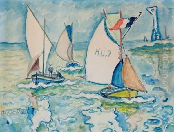 Barques Pres Du Port De Honfleur Oil Painting by Henri Lienard De Saint-Delis