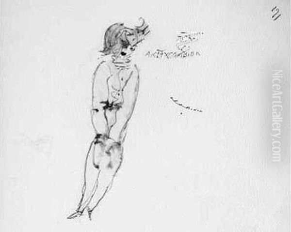 Dessin Original A La Plume Et Au Lavis ; Sur Page 28 X 21,5 Cm.
 (trous De Classeur, Tache Et Brulure De Cigarette Sans Toucher Le
 Dessin). Oil Painting by Antoine De Saint-Exupery