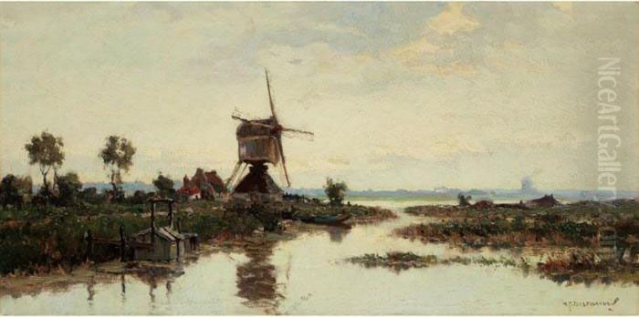 Niederlandische Polderlandschaft Oil Painting by Gerardus Jacobus Delfgaauw