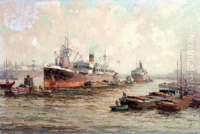 Bedrijvigheid In Rotterdamse Haven Oil Painting by Gerardus Jacobus Delfgaauw