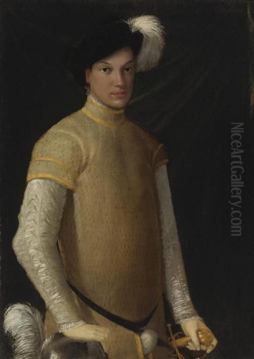 Portrait Of A Young Man Wearing A
 Plumed Hat, A Yellow Doublet With Slashed Sleeves, Lace Cuffs And 
Collar, Resting His Right Hand On A Plumed Helmet Oil Painting by Nicolo Dell' Abate