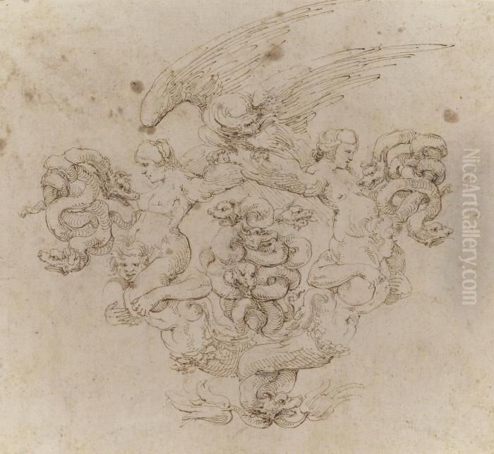 A Cartouche In The Form Of Two 
Mermen With Intertwined Tails Supporting Harpies Whose Wings Support An 
Eagle, With Pairs Of Writhing Serpents At Either Side And With A Group 
Of Four Intertwined Serpents In The Centre Oil Painting by Stefano della Bella