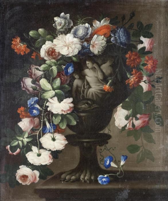 Tulips, Peonies, Jasmine And 
Other Flowers In A Classical Carved Stone Urn, Before An Open Landscape;
 And Roses, Carnations, Convulvulus And Other Flowers In A Classical 
Carved Stone Urn Oil Painting by Francesco Della Questa