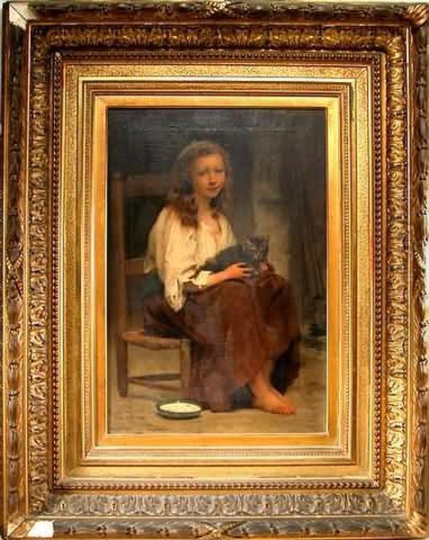 Portrait Of A Young Country Girl
 In A Cane-seat Chair With A Cat In Her Lap, Pan Of Milk On The Floor Oil Painting by Francois Alfred Delobbe