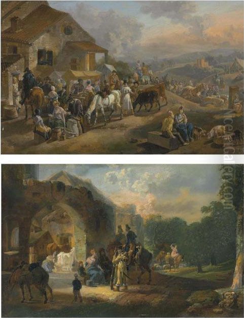 A Fair In A Village; And Soldiers Halting At A Farm Oil Painting by Jean Louis (Marnette) De Marne