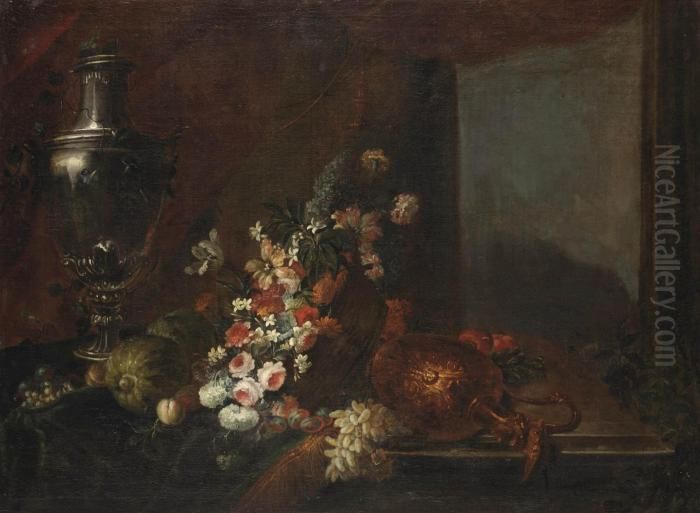 An Urn, Watermelons, A Wicker 
Basket With Roses, Tulips And Various Other Flowers, And A Pitcher, All 
On A Partially Draped Wooden Table Oil Painting by Alexandre-Francois Desportes