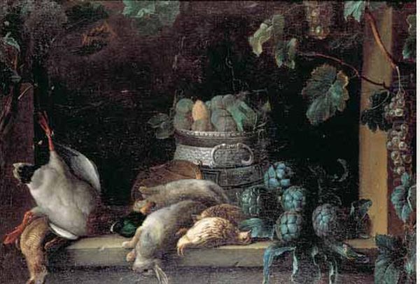 Nature Morte Au Gibier, A La Coupe De Prunes Et Aux Artichauts
 Disposee Sur Un Entablement De Fenetre Decoree D'une Treille Oil Painting by Claude Francois Desportes