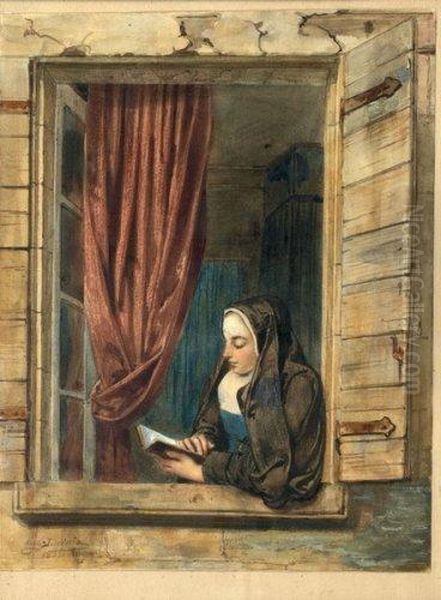 Religieuse Lisant A Sa Fenetre 
Aquarelle Oil Painting by Eugene Francois Marie Joseph Deveria