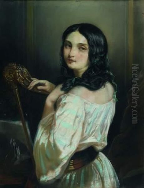 Jeune Femme A La Harpe Oil Painting by Eugene Francois Marie Joseph Deveria
