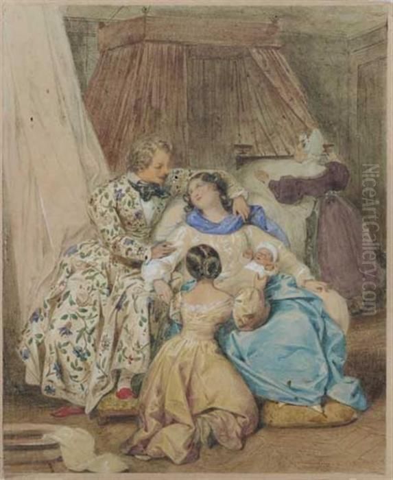 La Jeune Mere Oil Painting by Eugene Francois Marie Joseph Deveria