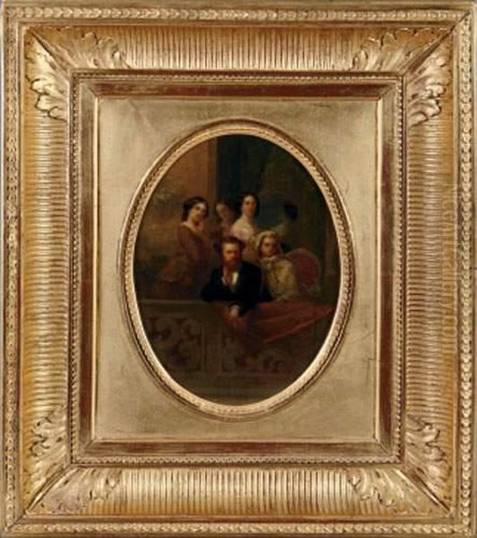 Arsene Houssaye Et Un Groupe De Jeunes Femmes De La Comedie Francaise Oil Painting by Eugene Francois Marie Joseph Deveria