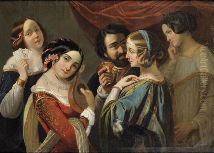 Interlude Musical [style Of Eugene Deveria ; Musical Interlude ; Oil On Canvas] Oil Painting by Eugene Francois Marie Joseph Deveria