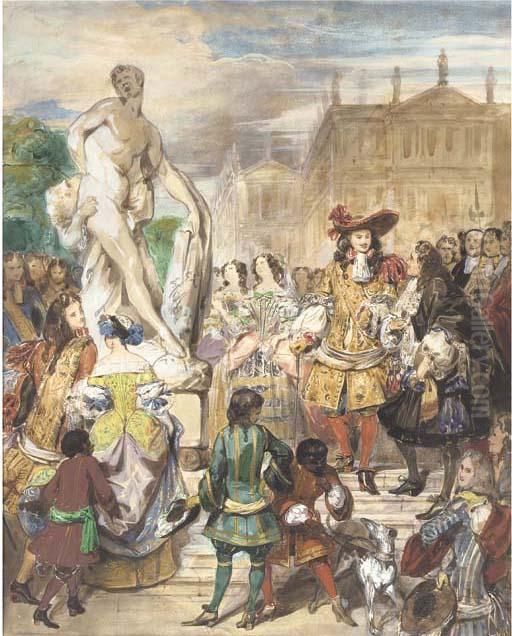 Study For Puget Presenting The 
Group Of Milo Of Cortona To Louis Xiv In The Gardens Of Versailles Oil Painting by Eugene Francois Marie Joseph Deveria