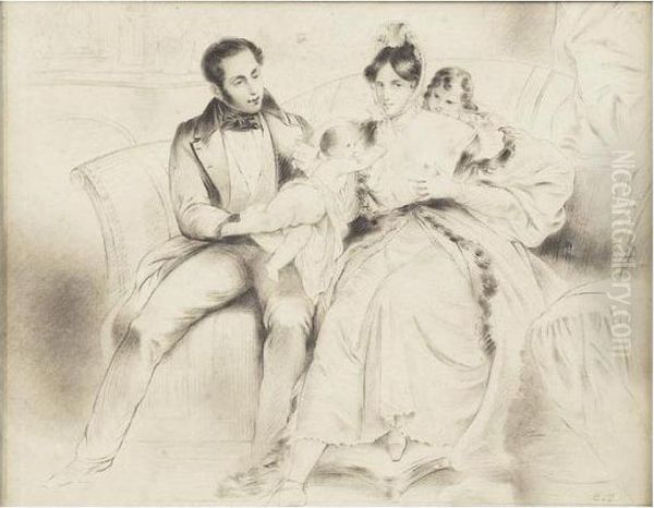 L'heureuse Famille Oil Painting by Eugene Francois Marie Joseph Deveria