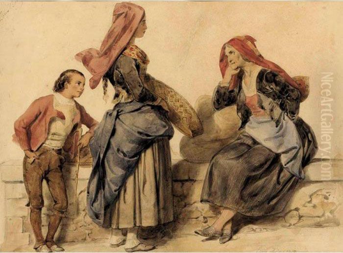 Three Figures Conversing Oil Painting by Eugene Francois Marie Joseph Deveria