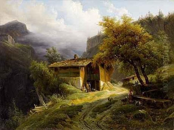 Gebirgslandschaft Mit Bauernhaus Und Oil Painting by Francois Diday