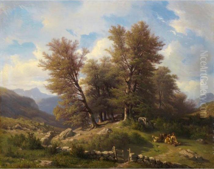 Paysage Avec Bergers Sous Arbres, 1858 
Landscape With Herdsman Below Trees, 1858 Oil Painting by Francois Diday
