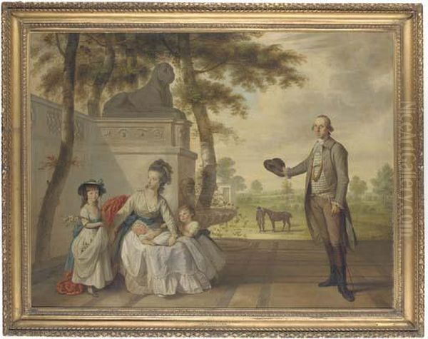 Portrait Of Benjamin Cole And 
His Family In A Garden, A Groom Holding A Bay Horse In The Background Oil Painting by John Downman