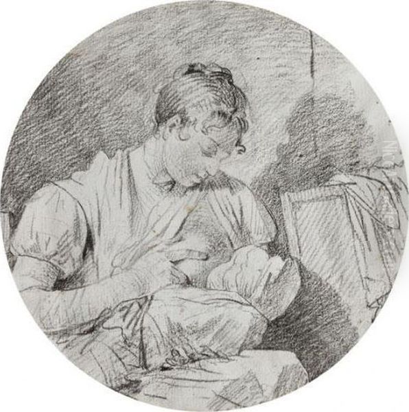 Stillende Mutter 
 Verso Aufkleber Einer Galerie Mit Angabe Aus Dem Album Der Drolling-familie Oil Painting by Martin Drolling