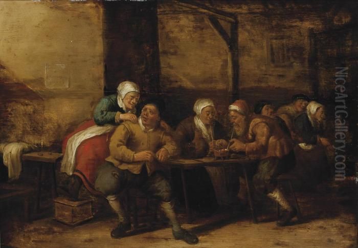 A Barn Interior With Figures Packing Their Pipes And Sitting Around Tables Oil Painting by Joost Cornelisz. Droochsloot