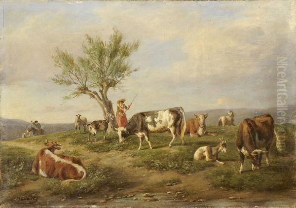 Bergere Gardant Son Troupeau Au Pied D'un Saule Oil Painting by Jean-Antoine Duclaux