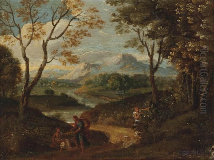 A Mountainous River Landscape With Figures On A Path Oil Painting by Gaspard Dughet