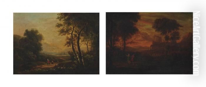 Travellers In A Wooded Landscape; And Classical Figures In An Arcadian Landscape Oil Painting by Gaspard Dughet