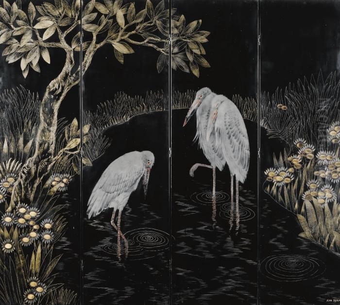'marabou Storks' Four Panel Screen Oil Painting by Jean Dunand